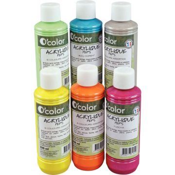 Lot de 6 flacons 250 ml de peinture acrylique O'COLOR, couleurs nacrées