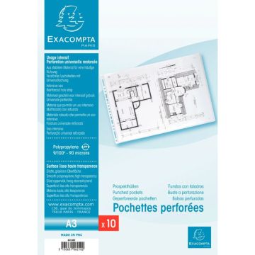 Sachet de 10 pochettes perforées en polypropylène lisse 9/100ème, format A3