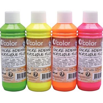 Lot de 4 Flacons 250 ml d'encres indiennes coloris fluo
