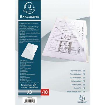 Sachet de 10 pochettes coin en polypropylène incolore, format A3