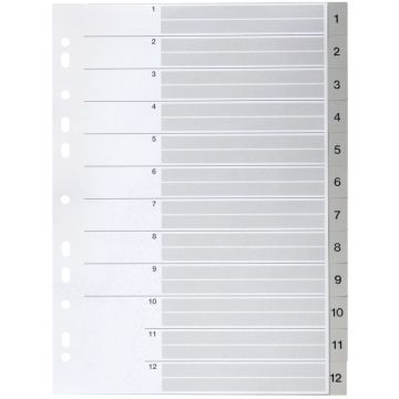 Jeu de 12 intercalaires numériques en polypropylène gris 12/100ème, format A4