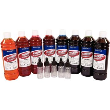 Lot de 8 Flacons 500ml d'encre à dessiner MAJUSCULE + 5 Flacons compte-gouttes offerts
