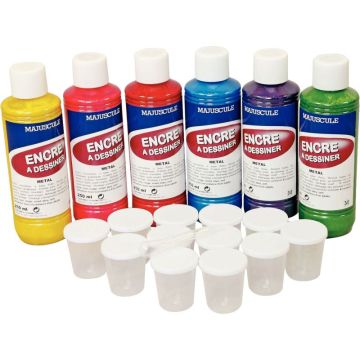 Lot de 6 Flacons 250ml d'encre à dessiner métallique MAJUSCULE + 12 pots gradués 30ml offerts