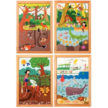 Lot de 4 puzzles en bois 28/35 pièces, la nature dessus et dessous