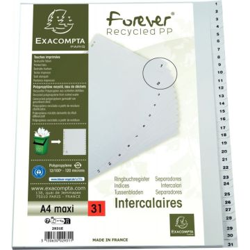 Jeu de 31 intercalaires numériques en polypropylène gris recyclé, format A4+