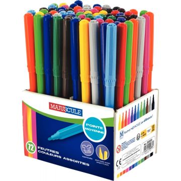 Pot de 72 feutres Majuscule pointe moyenne assortis