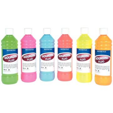 Carton de 6 Flacons 500ml de gouache concentrée Fluorescente, couleurs assorties + 10 pinceaux ronds synthétiques n°12