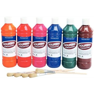 Carton de 6 Flacons de 500ml de gouache concentrée MAJUSCULE + 5 brosses universelles en soie de porc n°14