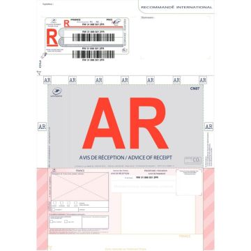 Boite de 250 imprimés recommandés avec accusé de réception pour l'international