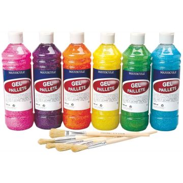 Carton de 6 Flacons de 500ml de gel pailleté coloris arc en ciel