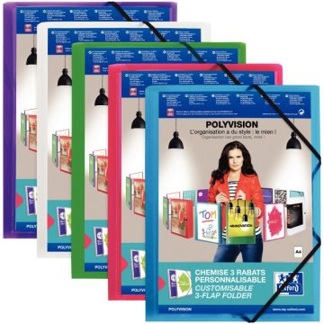 Carton de 20 chemises 3 rabats à élastiques personnalisables POLYVISION en polypropylène, coloris assortis