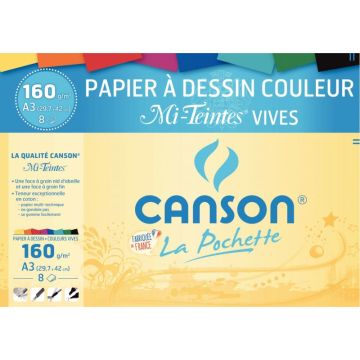 Pochette de 8 feuilles mi-teintes format A3 160g couleurs vives