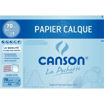 Pochette de 12 feuilles de papier calque satin format 21x29,7cm 70g