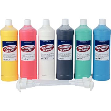 Lot de 6 Flacons 1L de gouache aux doigts + 6 pompes couleurs assorties: noir, blanc, bleu, rouge, vert et jaune