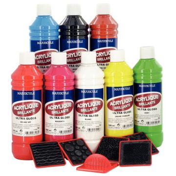 Coffret de 8 flacons 500 ml de peinture acrylique "ULTRA GLOSS", couleurs classiques