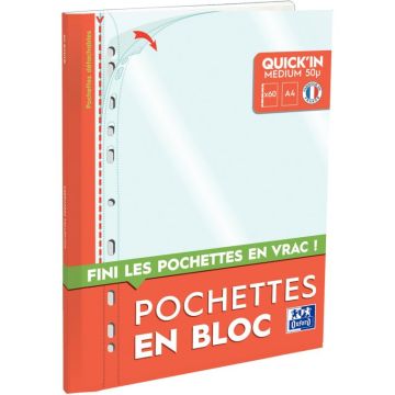 Bloc de 60 pochettes perforées A4 en polypropylène 5/100ème