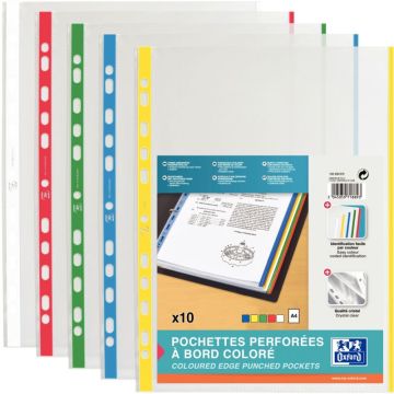 Sachet de 10 pochettes perforées en polypropylène 9/100ème + bords coloris assortis
