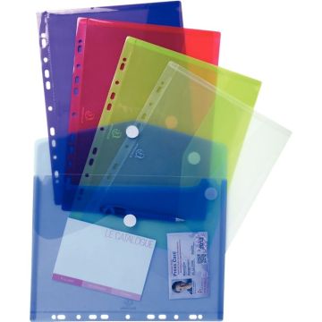 Paquet de 5 enveloppes perforées A4 en polypropylène translucide, coloris assortis