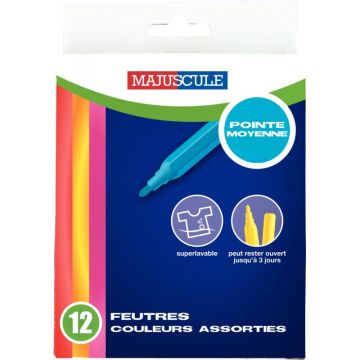 Pochette de 12 feutres Majuscule pointe moyenne assortis