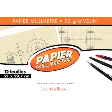 Pochette de 12 feuilles de papier millimétré, 90g format 21x29,7 cm EXCELLENCE