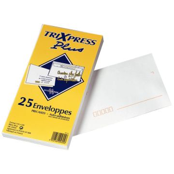 Paquet de 25 enveloppes blanches 110x220mm 80g bande siliconée précasées
