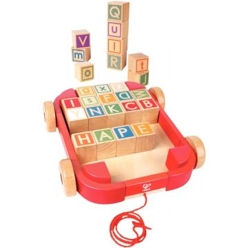 Chariot en bois à tirer avec 26 cubes