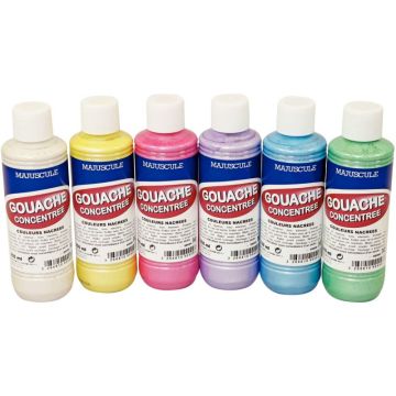 Lot de 6 Flacons 250ml de gouache nacrée MAJUSCULE, coloris assortis