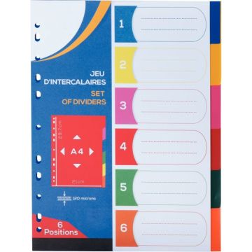 Jeu de 6 intercalaires en polypropylène coloré 12/100ème, format A4