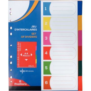 Jeu de 6 intercalaires en polypropylène coloré 12/100ème, format A4+