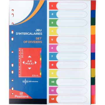 Jeu de 12 intercalaires en polypropylène coloré 12/100ème, format A4+