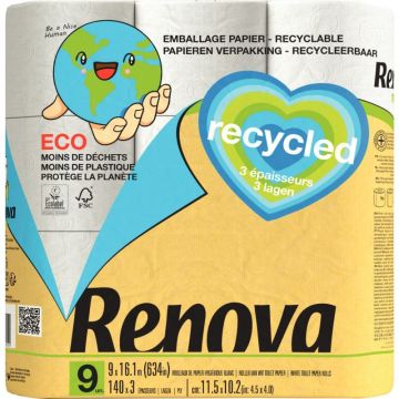 Lot de 9 rouleaux papier hygiènique Recycled 3 plis