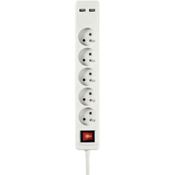 Bloc de 5 prises + 2 USB avec bouton marche/arrêt 1,5m blanc