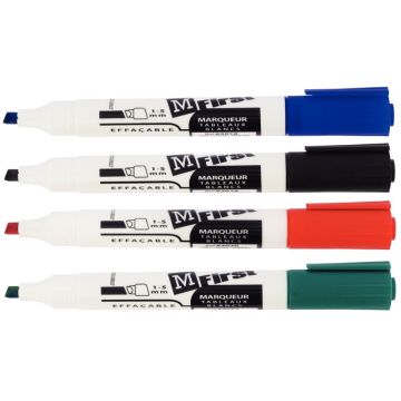 Pochette de 4 marqueurs tableaux blancs MFirst pointe biseautée assortis