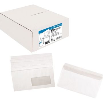 Boite de 500 enveloppes blanches 110x220mm 80g bande siliconée fenêtre 45x100mm