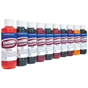 Boîte de 10 Flacons 250ml d'encre à dessiner MAJUSCULE, coloris assortis