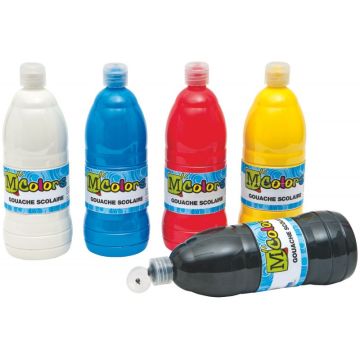 Carton de 6 Flacons de 1 Litre de gouache liquide. 1 bleu, 1 rouge, 1 jaune, 1 noir, 2 blancs