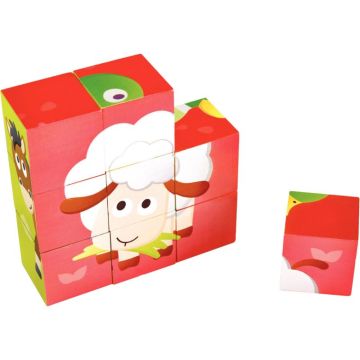 Boite de 9 puzzles cubes en bois, les animaux de la ferme
