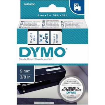 Recharge DYMO D1 9 mm x 7 m impression bleu support blanc